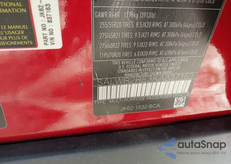 2019 Land Rover Range Rover Sport Supercharged Dynamic z USA, uszkodzony, nr VIN SALWR2RE3KA837163